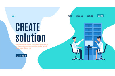 Create solution landing page, man and woman in uniform working on comp