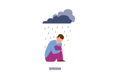 Desression mental disorder. Sad man under raining clouds&2C; negative emo