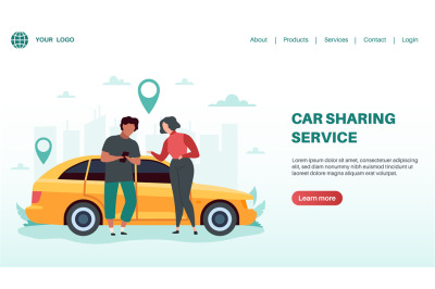 Car sharing service. Rent automobile landing page design, man and woma