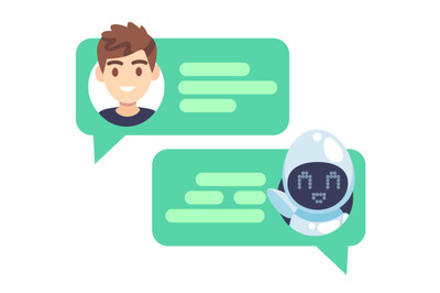 Chatbot character. Online helper chatting with man, virtual robot answ