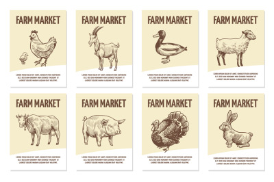 Farm animals labels. Tags for shops of organic food&2C; hand drawn chicke