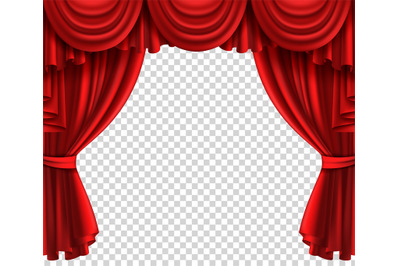 Red theatre curtain. Realistic scene portiere on transparent backgroun