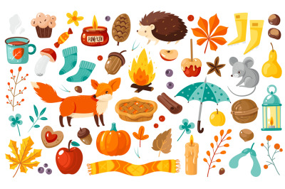 Autumn elements. Yellow falling leaves, plants and food, harvest festi