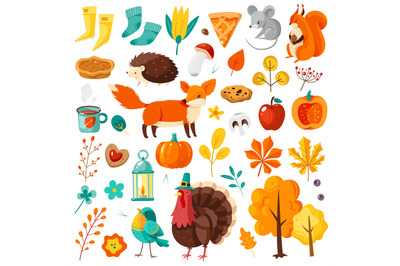 Autumn set. Yellow falling leaves, forest animals, pumpkins and turkey