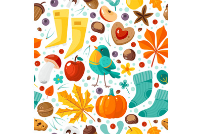 Autumn seamless pattern. Yellow leaves, pumpkins and nuts, bright repe