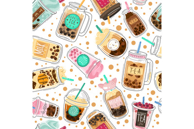 Bubble tea seamless pattern. Taiwanese boba with tapioca balls, pearl