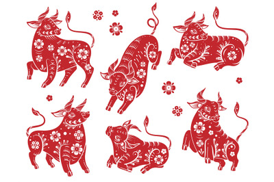 Chinese new year 2021 ox. Red paper cut buffalo with floral asian patt