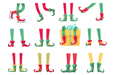 Christmas elf feet. Santa claus helpers, cute elves legs in boots and