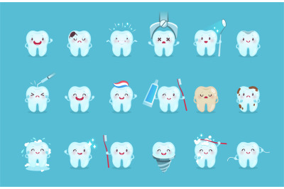 Cartoon teeth. Cute tooth characters with emotions and hygiene tools,