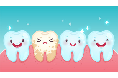 Bad tooth. Cartoon healthy white happy teeth and yellow spoiled sad to