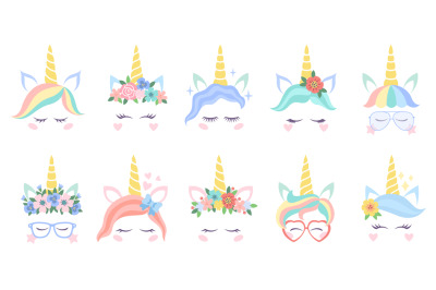 Unicorn face. Various cute pony unicorns funny heads. Magic horn in ra