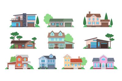 Cottages. Home facades, cottage or suburban townhouse, front view fami