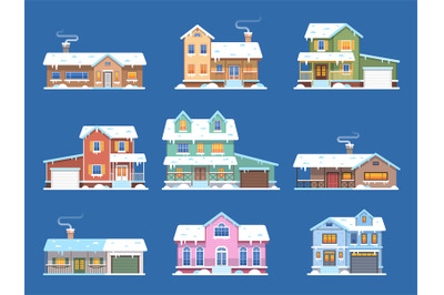 Winter houses. Homes in snow, cottages and townhomes with garage and t