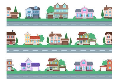 Houses on road. Home facades, cottage or suburban townhouse, front vie