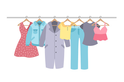 Clothes on hangers. Garment with hanger and rack in wardrobe. Shirt, d