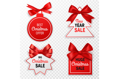 Christmas sale labels. Holidays discount price tags with red bows, pro