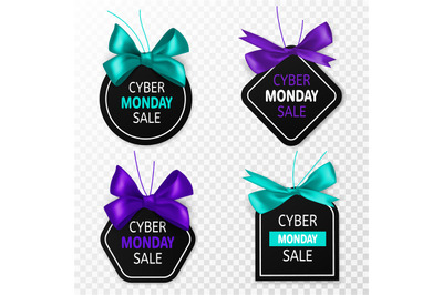 Cyber monday sale labels. Promotion price tags with blue bow and silk