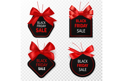 Black friday sale labels. Black and red discount price tags with ribbo