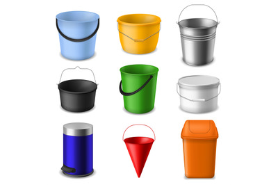 Realistic bucket. Metal and plastic empty round, cone and square bucke