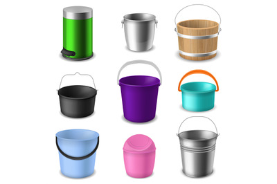 Buckets collection. Color empty plastic or metal bucketful with handle