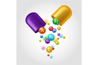 Vitamins. Colorful open capsule with flying multivitamin, mineral bubb