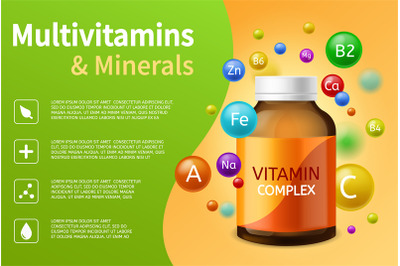 Vitamin complex. Realistic plastic bottle with multivitamins, minerals