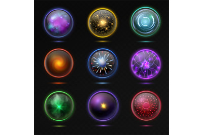 Magical crystal orbs. Glowing energy sphere and shiny lightning, spiri