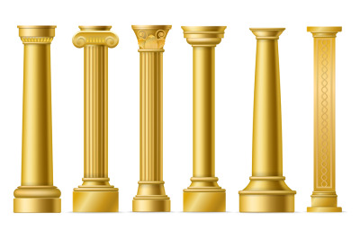 Golden columns. Classic antique gold pillars, roman historical stone c