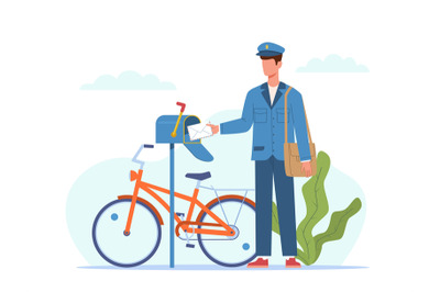 Postman deliver mail. Mailman in blue uniform and bicycle with bag del