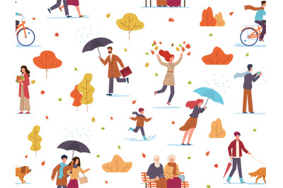 Autumn people seamless pattern. Guys and kid with umbrellas walk publi