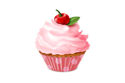 Cupcake. Sweet homemade dessert, cherry muffin with cream, sweet sugar