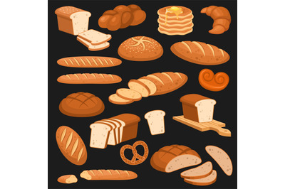 Cartoon bread. Bakery rye products, wheat and whole grain and sliced.