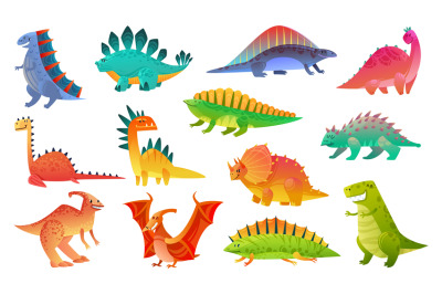 Cute cartoon dinosaur. Funny dinosaurs animal dragon and nature reptil