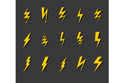 Lightning bolt icon set. Thunder flash electric voltage electricity sy