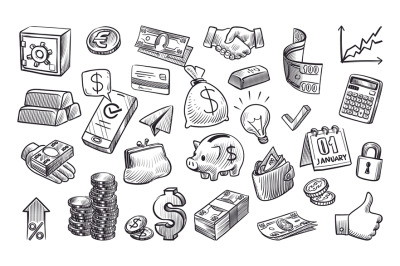 Money sketch. Hand drawn financial elements in sketch style, cash and