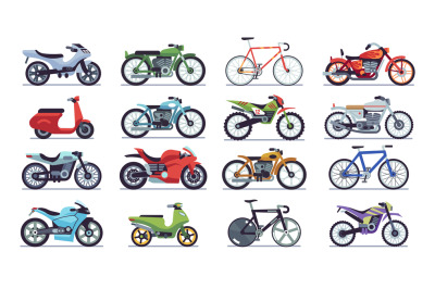 Motorcycle and scooter set. Bikes and choppers, speed race and deliver