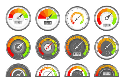 Score credit indicator. Speedometer level scale panel, round and semic