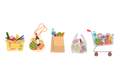 Shopping bags with foods. Grocery purchases, paper packages, plastic o