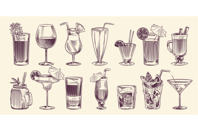 Sketch cocktails. Hand drawn different cocktail, alcohol drink in glas