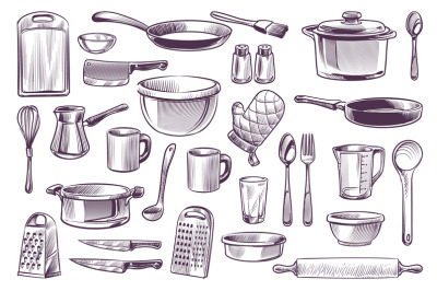 Sketch cooking equipment. Hand drawn doodle kitchen utensils set cooki