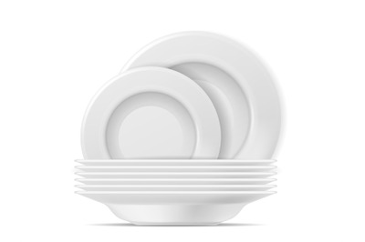 Clean plates. Food white plate set. Realistic stacked tableware after