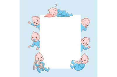 Newborn children banner. Cute cartoon baby frame&2C; infant blond smiling