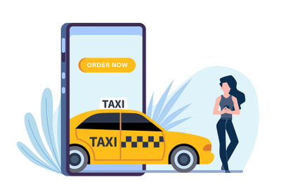 Online taxi. Woman calls automobile through application in smartphone,