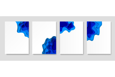 Paper cut banner set. Blue waves vertical abstract background flyers o