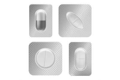 Pill blister pack. Realistic medical tablet individually packed&2C; vitam