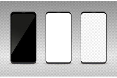 Realistic smartphone mockup set. Black white and transparent blank mob