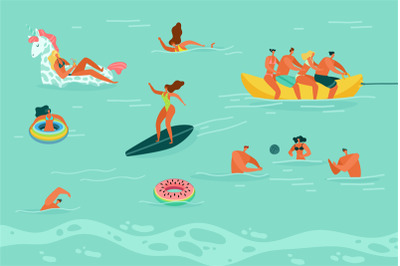 Swimming people. Men and woman in swimsuit play ball, swim and surf in