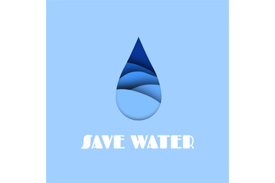 Water drop. Aqua paper cut effect, save sea and ocean concept, falling