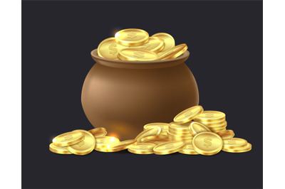 Pot of gold coins. Ceramic cauldron full of shiny golden coin, medieva