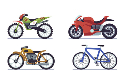 Set of vehicles. Racing motorcycles, sports mountain bike for road rac